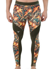 Workout tights for men in a bold camouflage and orange starburst print offer breathable stretch fabric and full-leg compression for performance and recovery.