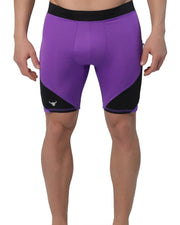 Men's compression running shorts in purple with black side panels and front-facing view.