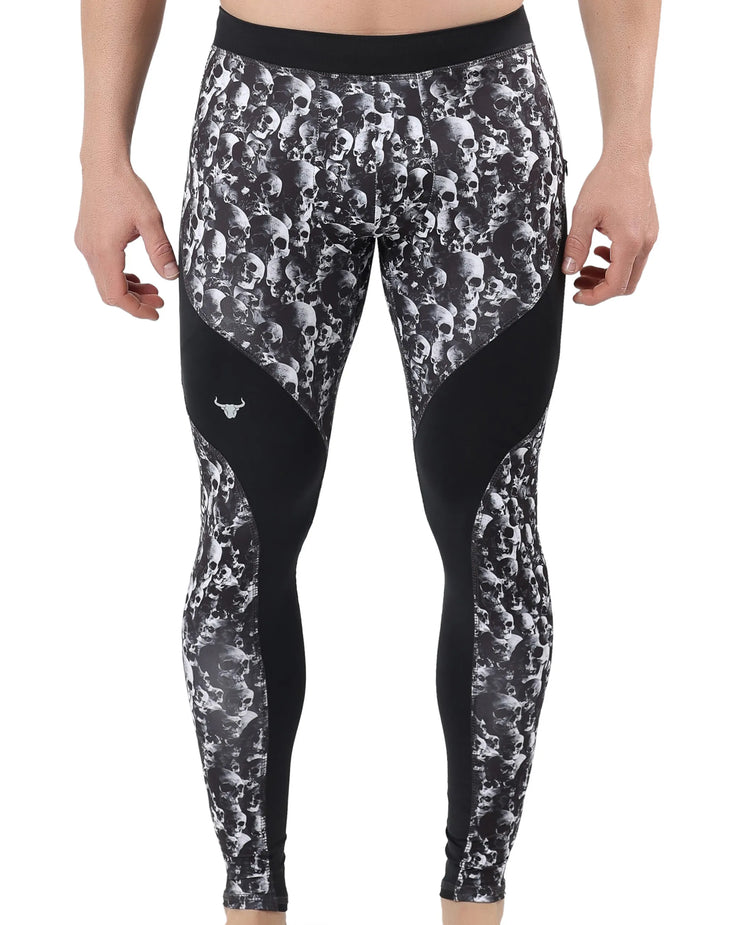 Men's leggings for gym offer a bold skull-print design with four-way stretch fabric, breathable panels, and a secure waistband for high-performance workouts.
