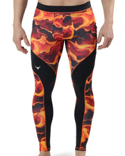 Lava Men's Leggings with fiery red, orange, and yellow molten pattern and black contour panels for a bold athletic look.
