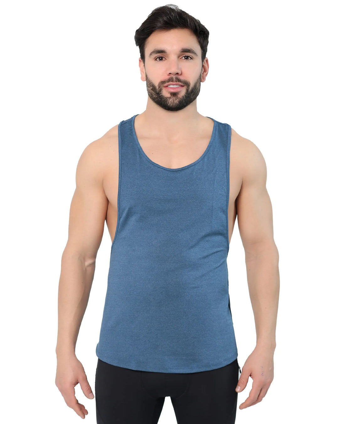 Blue tank top for men with a relaxed athletic fit, scoop neckline, and deep armholes for ease of movement.