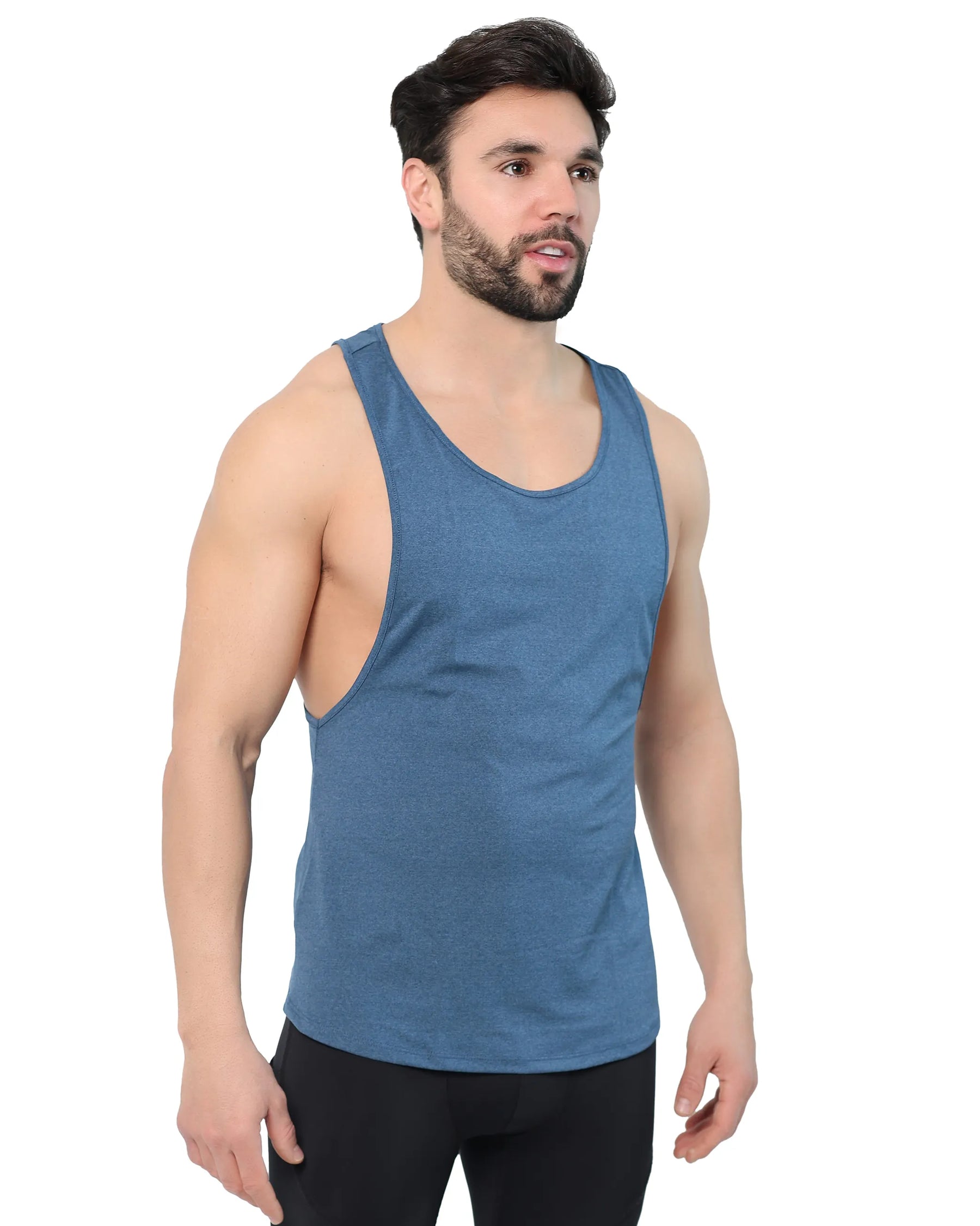 Blue tank top for men with a scoop neckline and deep armholes, offering a relaxed and athletic fit.