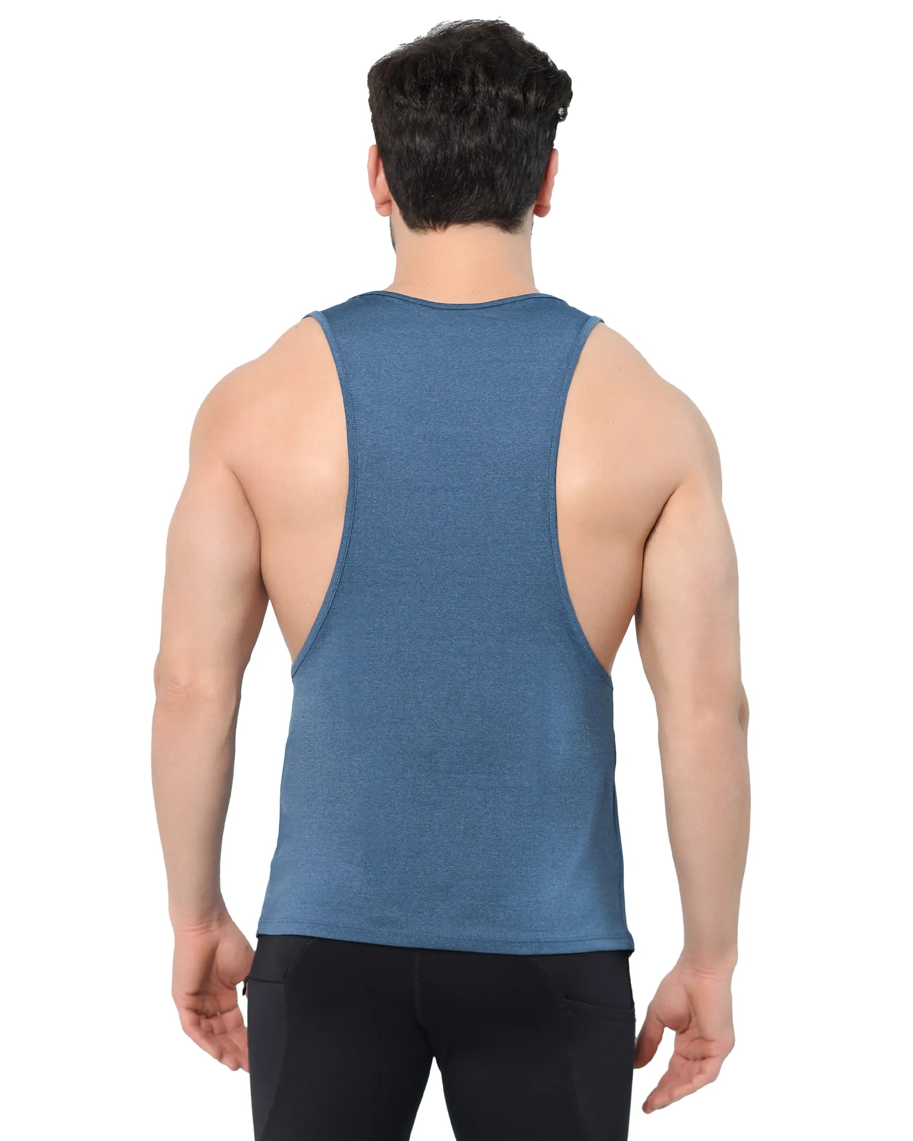 Men's blue tank top with a racerback design and deep armholes, shown from the back to highlight its athletic cut.