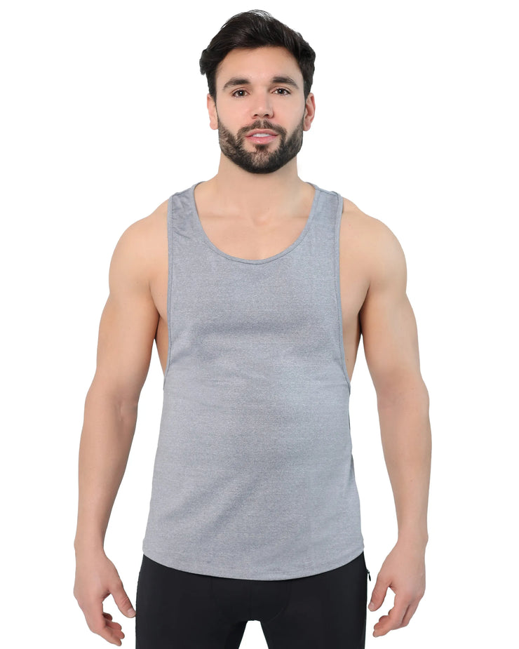 Men's compression tank top in grey, front view on fit male model.