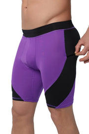 Men's purple bike shorts with black side panel and visible zipper pocket.