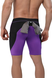 Men's purple compression shorts with black contrast and rear towel loop feature.