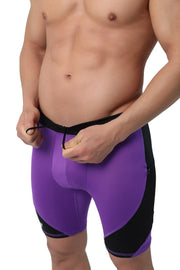Purple compression shorts for men with black panels and adjustable drawstring waistband.
