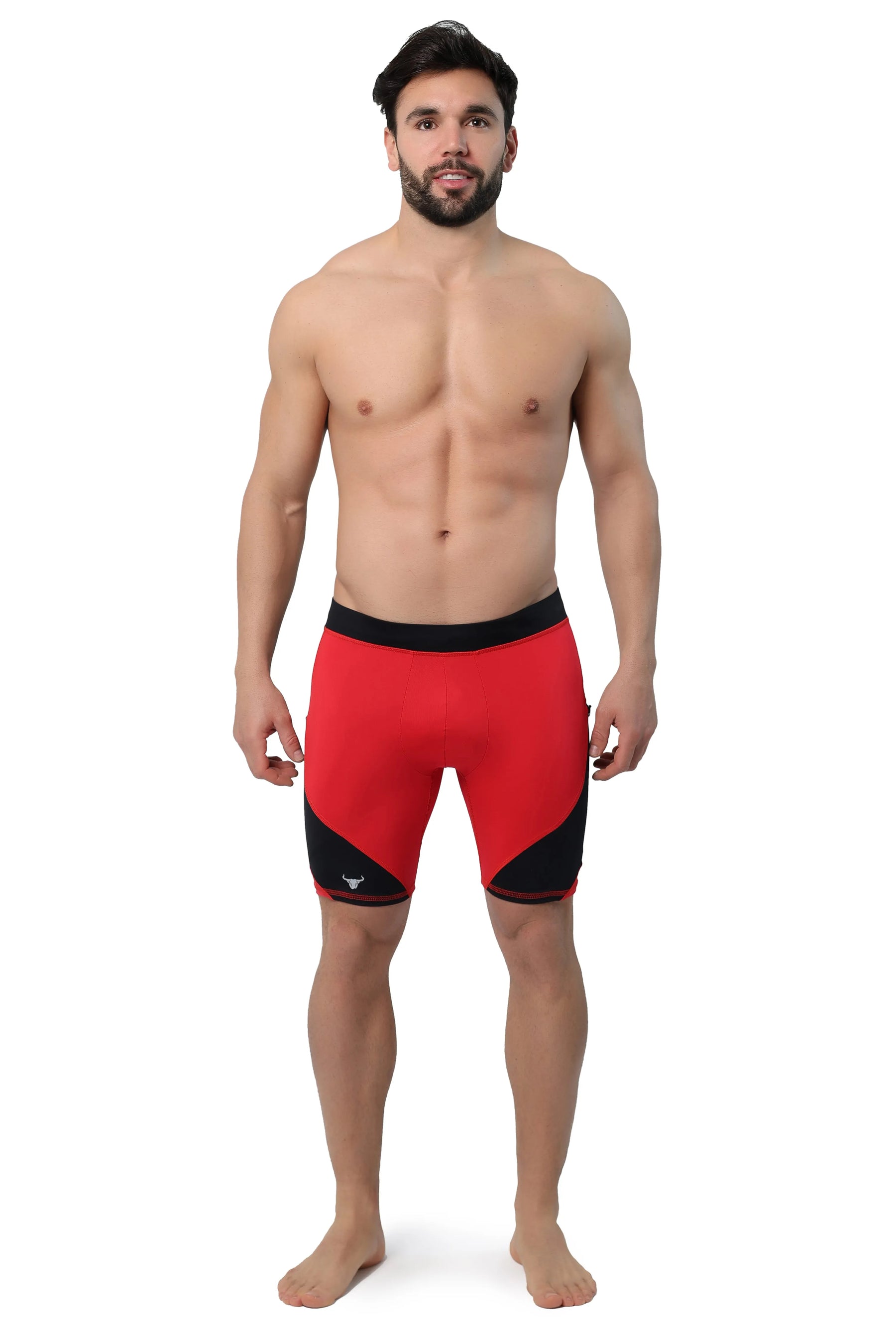Red biker shorts for men modeled shirtless, showing front view with black accents.