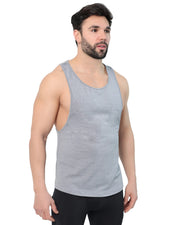 Gym tank top for men in grey, styled on a muscular model, side view.