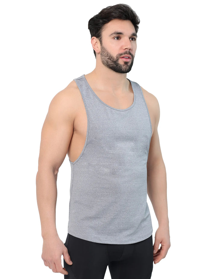 Gym tank top for men in grey, styled on a muscular model, side view.