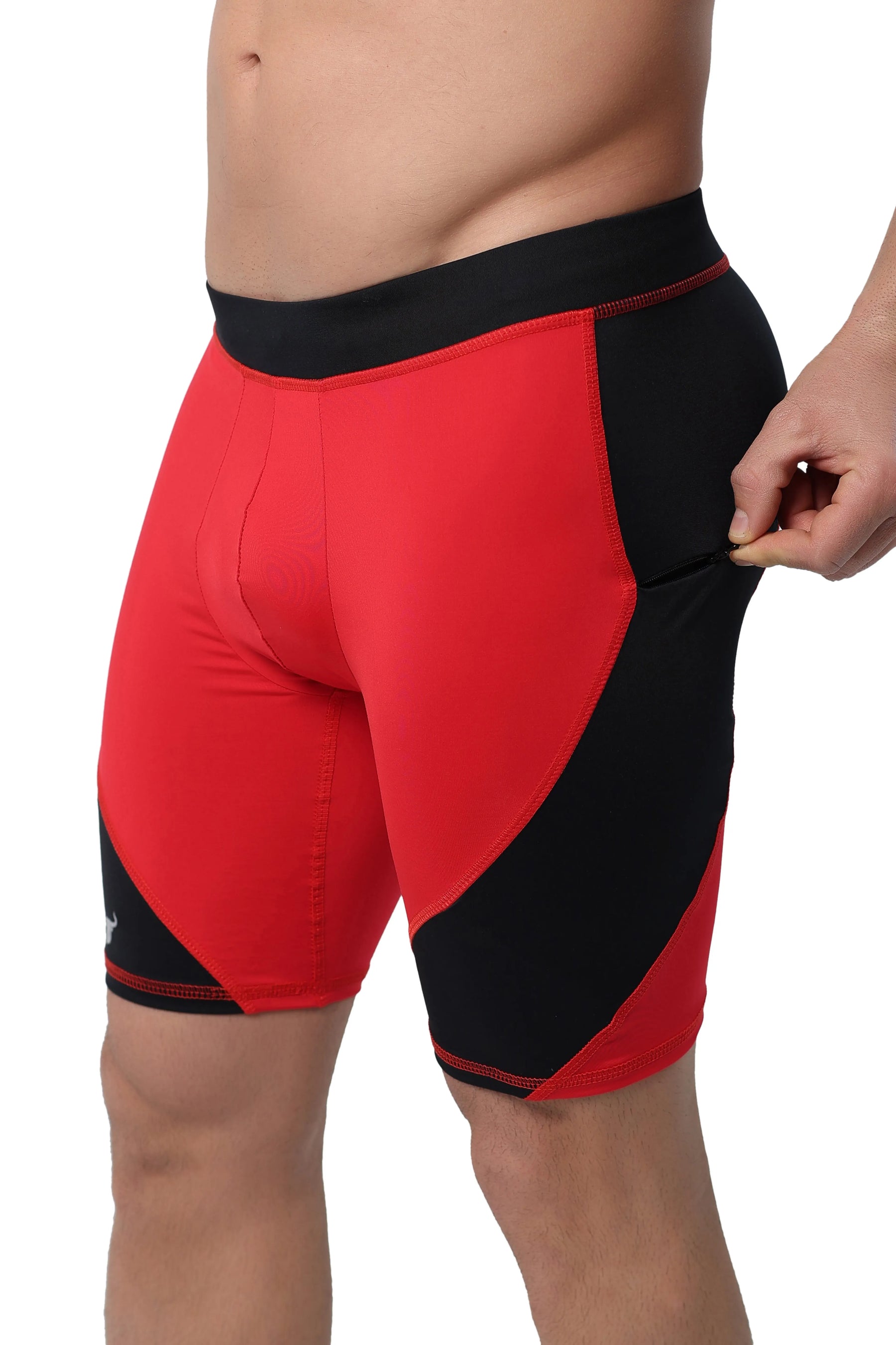 Men's red compression shorts with black side panels and a side zipper pocket.
