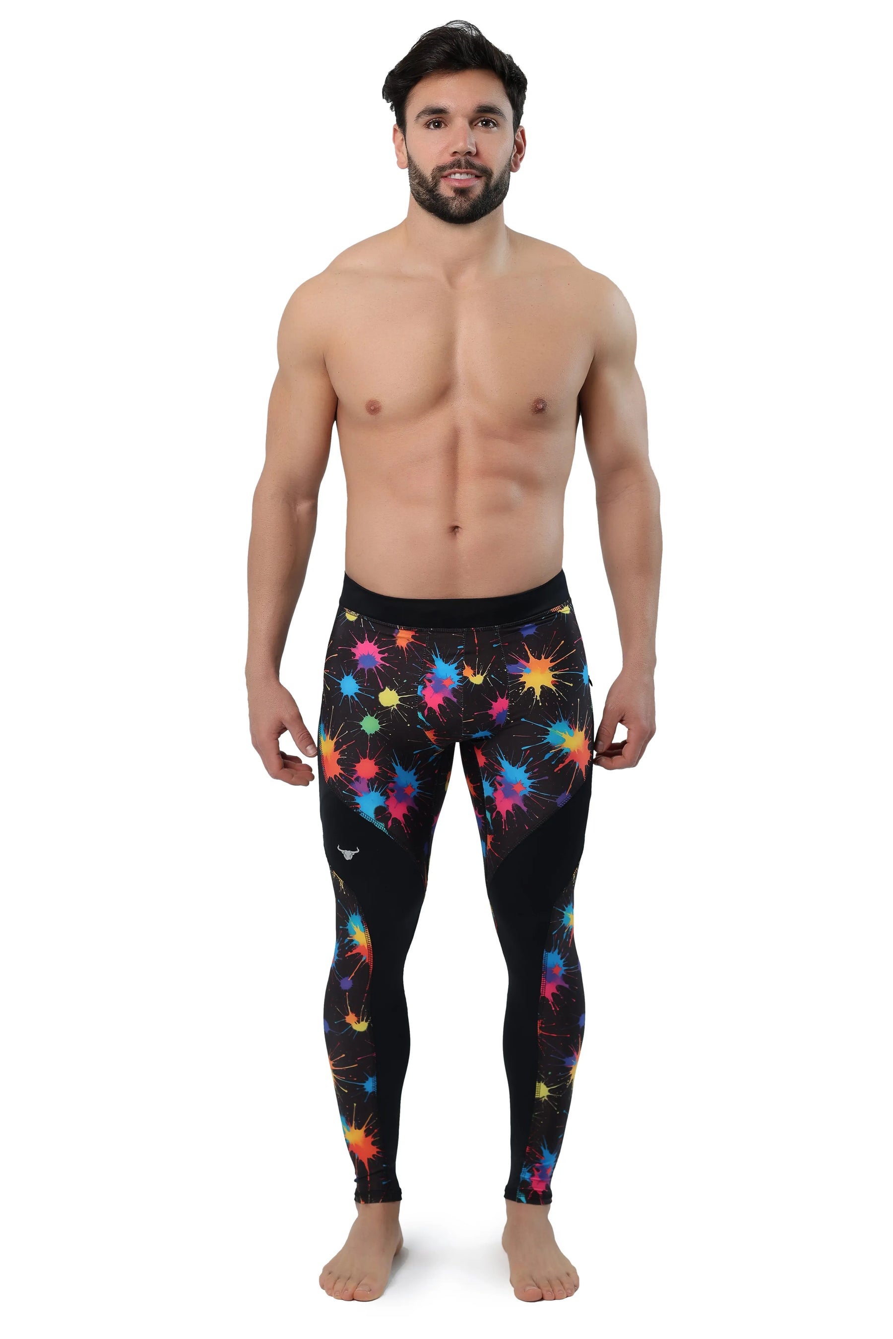 Men's paint splatter leggings with rear towel loop and bold colorful splatter design.
