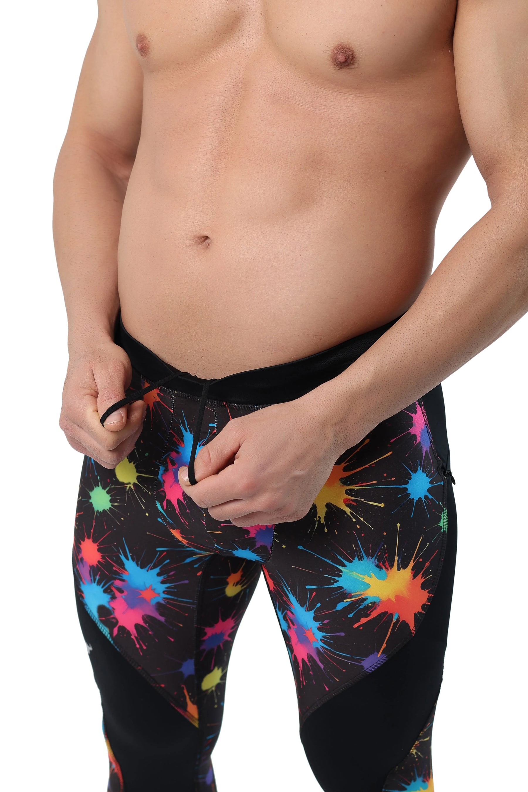 Men's printed gym leggings with bright rainbow paint splatter pattern and black background.
