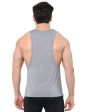 Men's gym tank top in light grey with a racerback design, shown from the back.