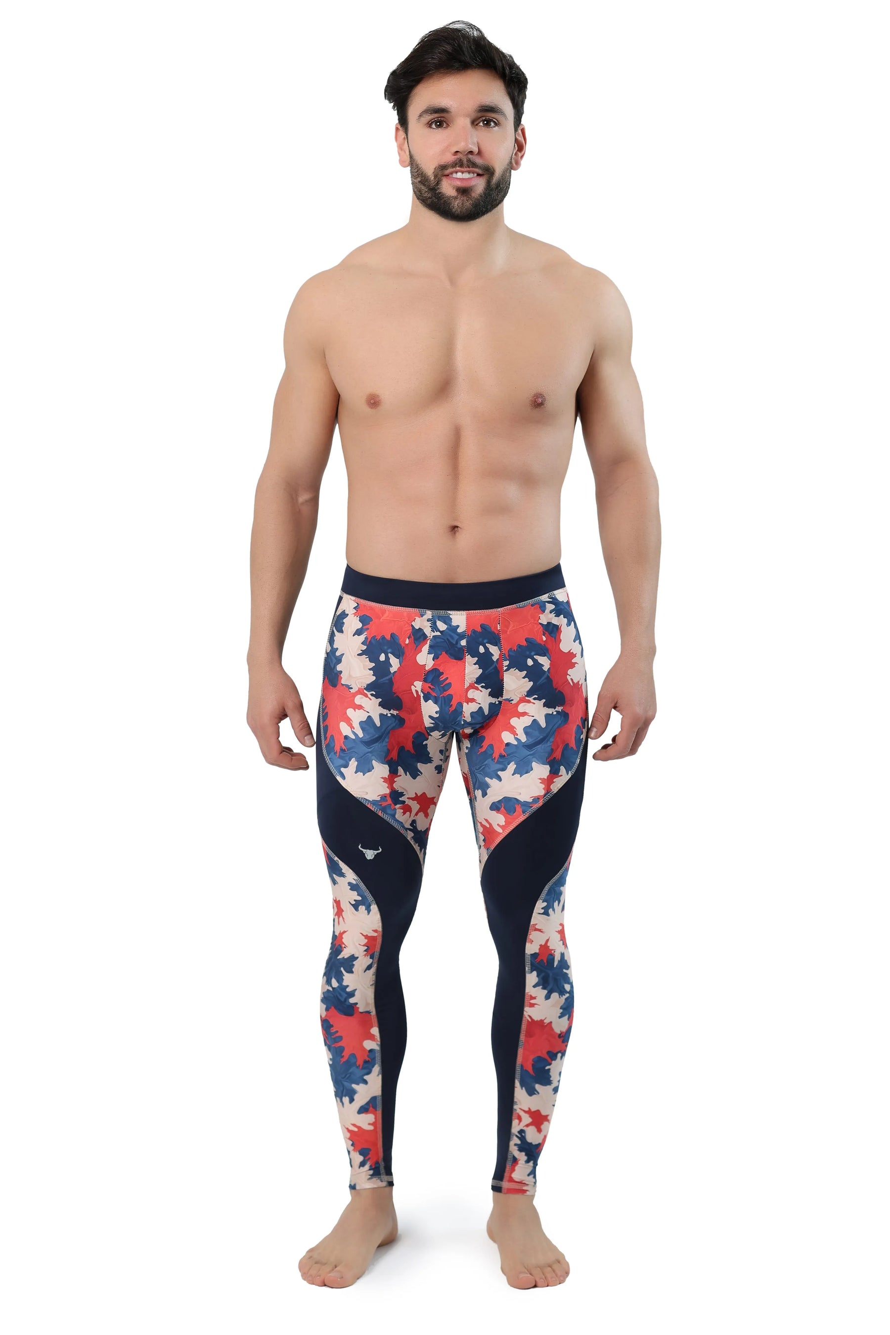 Patriotic Camo Leggings for Men featuring vibrant red, white, and blue print with navy accents and full-length athletic fit.