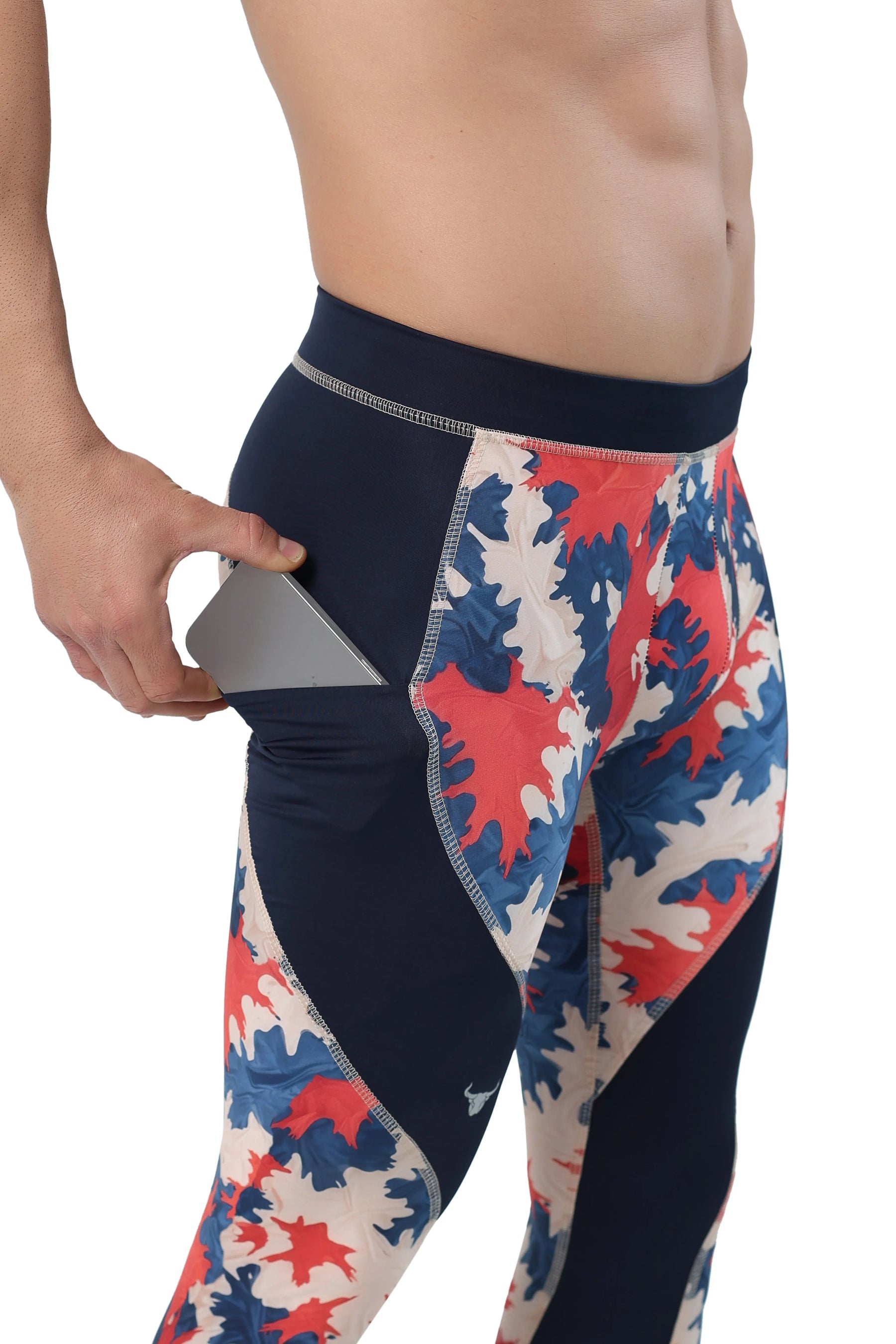 Patriotic camo leggings for men with side pocket feature, showcasing red, white, and blue camouflage design.