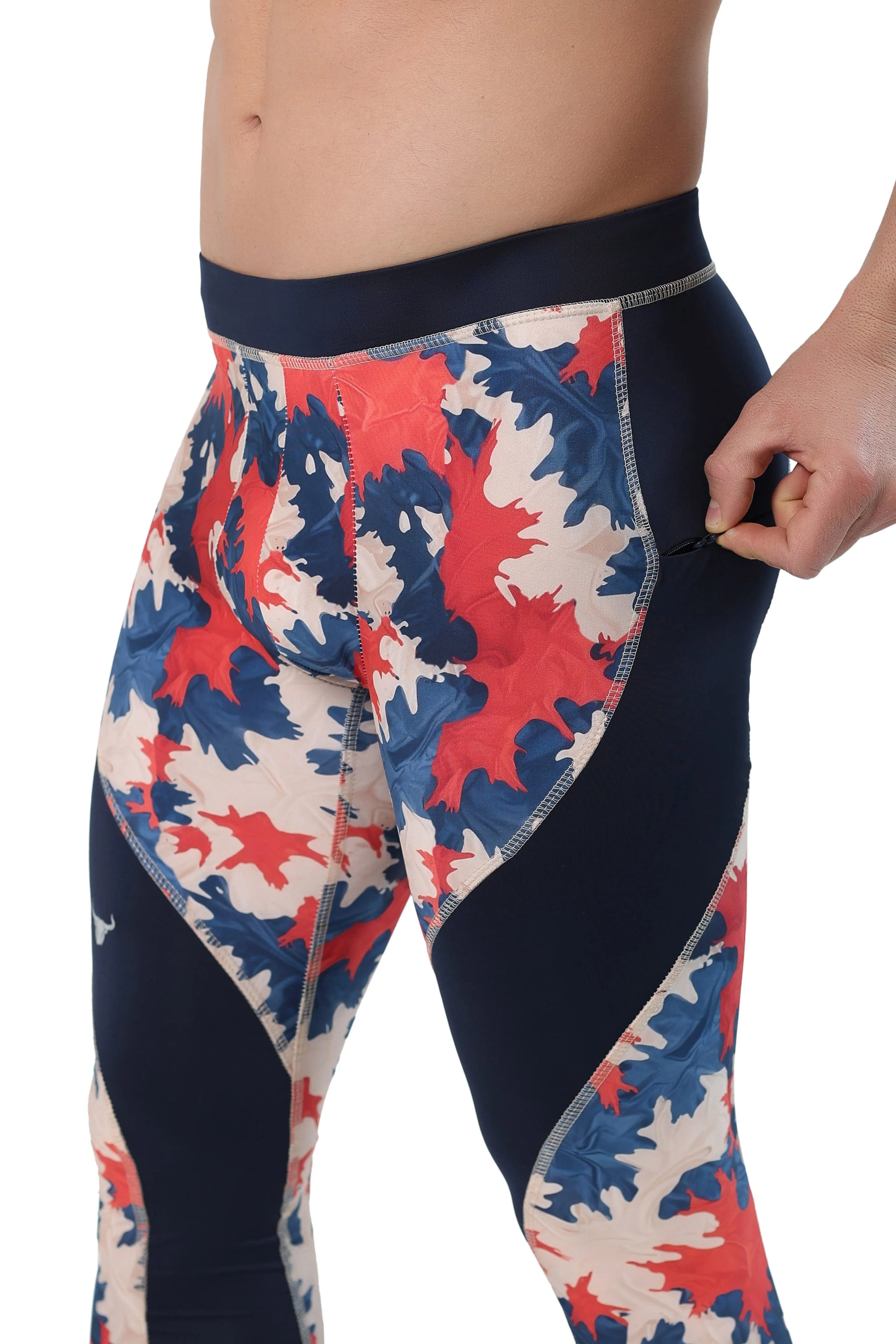 Patriotic camo leggings for men with secure zippered pocket and bold red, white, and blue camouflage pattern.