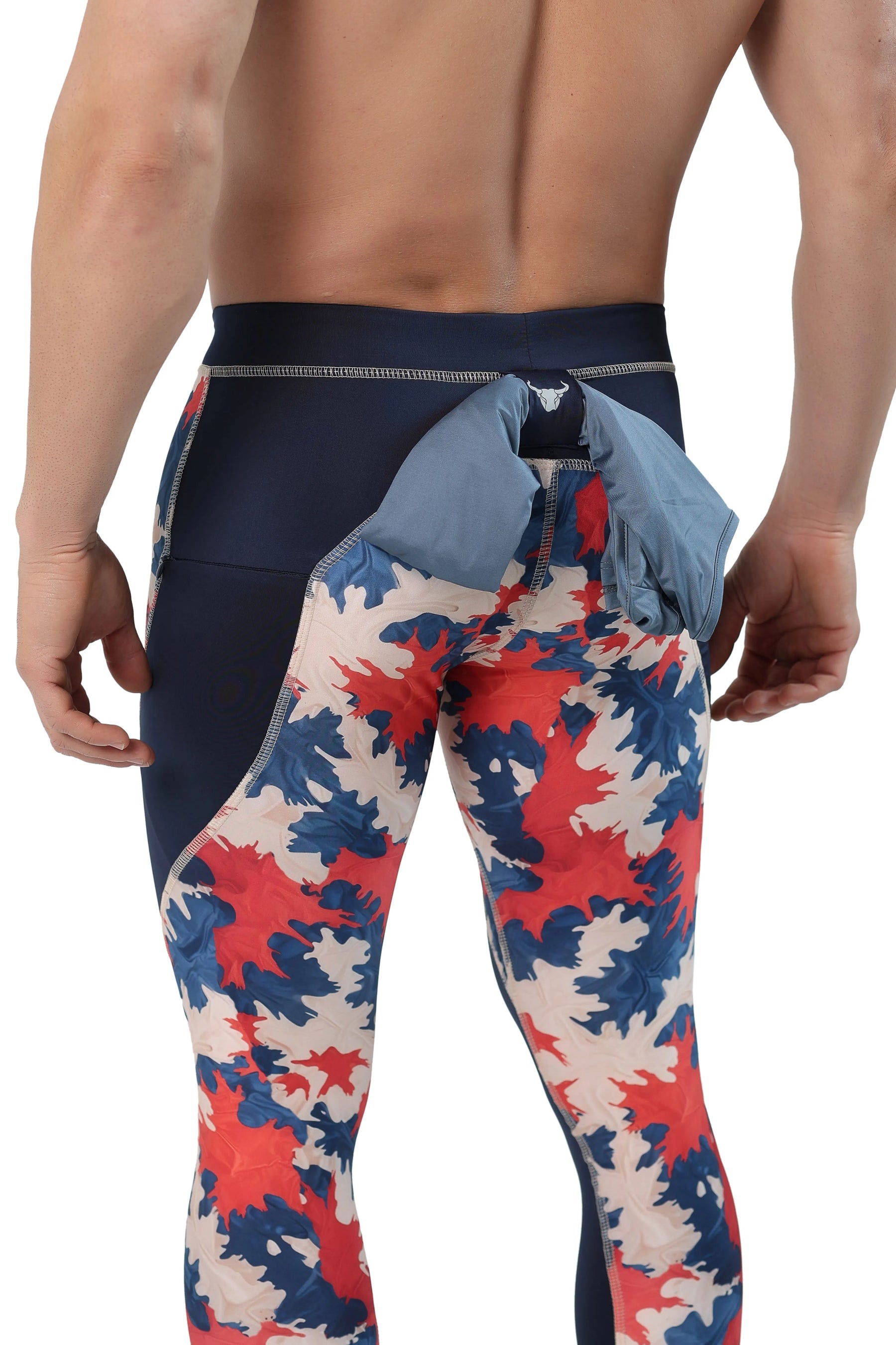 Patriotic camo leggings for men with rear loop feature, showcasing red, white, and blue camouflage print.
