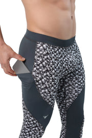 Men's black and grey tights with triangle print and back towel loop feature.
