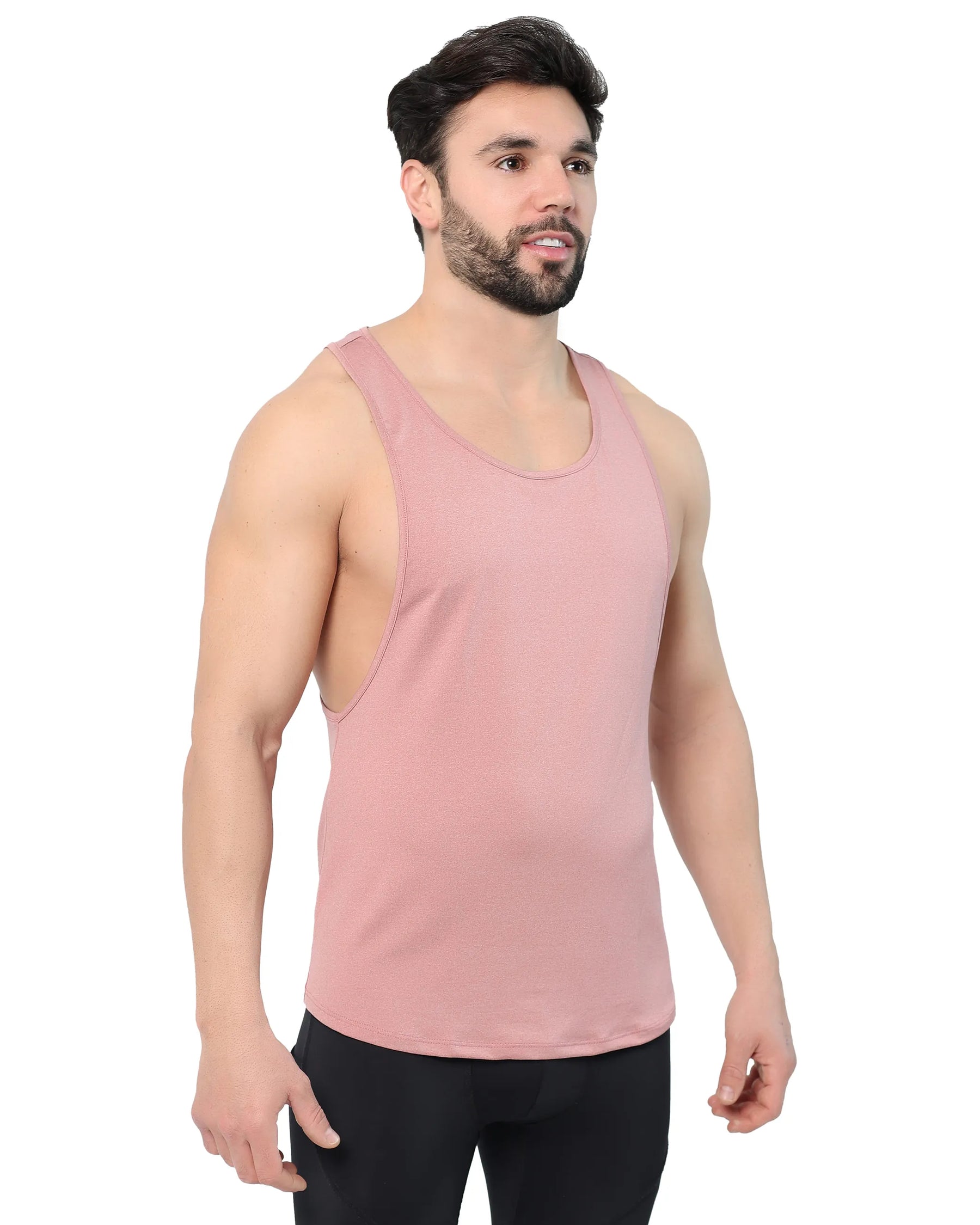 Pink men's tank top with a scoop neckline and deep armholes, designed for a relaxed, athletic fit.