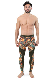 Printed sports leggings for men with autumn-toned geometric camouflage design and olive green side panels.