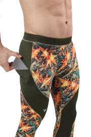 Men's leggings with an autumn leaf camouflage pattern and olive green panels, featuring a side pocket for convenience.