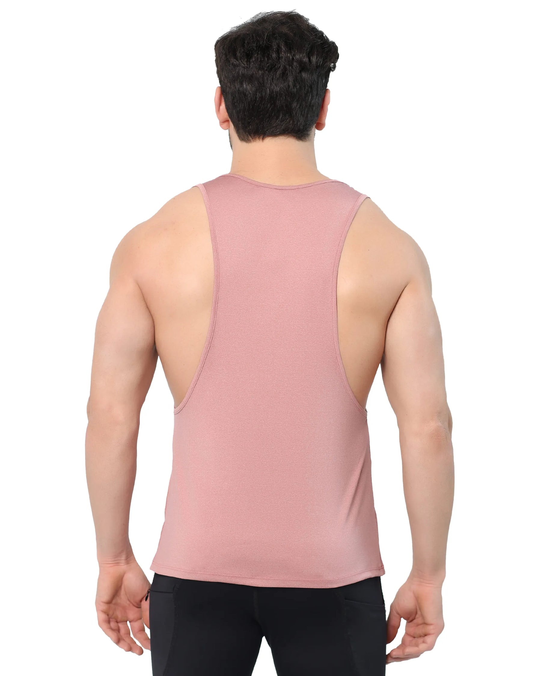 Men's pink tank top with a scoop neckline and deep armholes, offering a casual and athletic style.