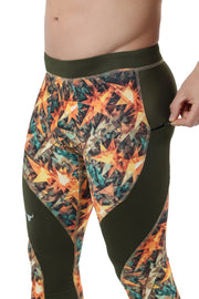 Men's tights with an autumn leaf camouflage print and olive green side panels, featuring a zippered side pocket for secure storage.