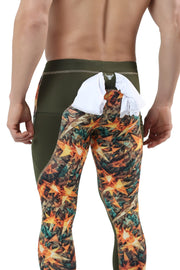 Leggings for guys with an autumn leaf camouflage print and olive green accents, featuring a rear loop for holding a shirt or towel.