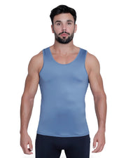 Men's blue tank top worn by a muscular man against a plain white background.