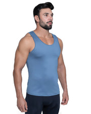 Men's blue tank top worn by a muscular man against a plain white background.