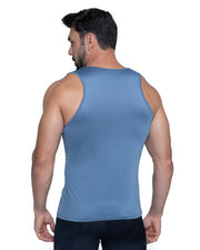 Men's blue tank top worn by a muscular man against a plain white background.