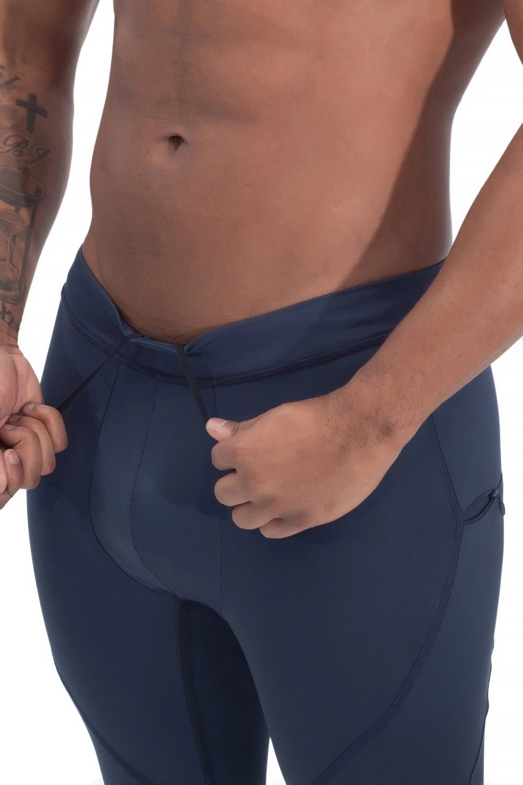 Men's workout leggings with drawstring waist and secure fit in navy blue.