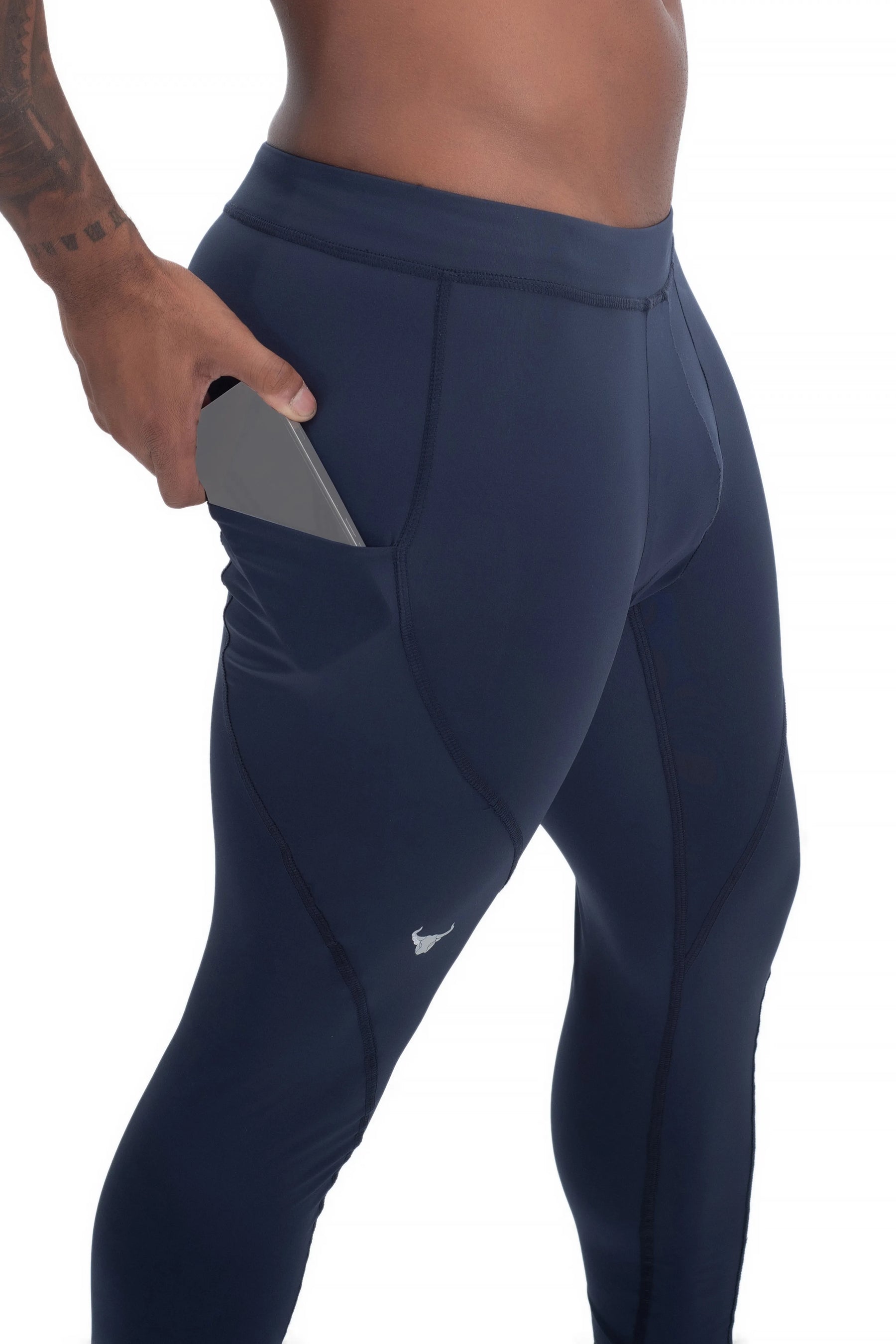 Men's athletic leggings in deep navy with zippered pocket and side phone storage.