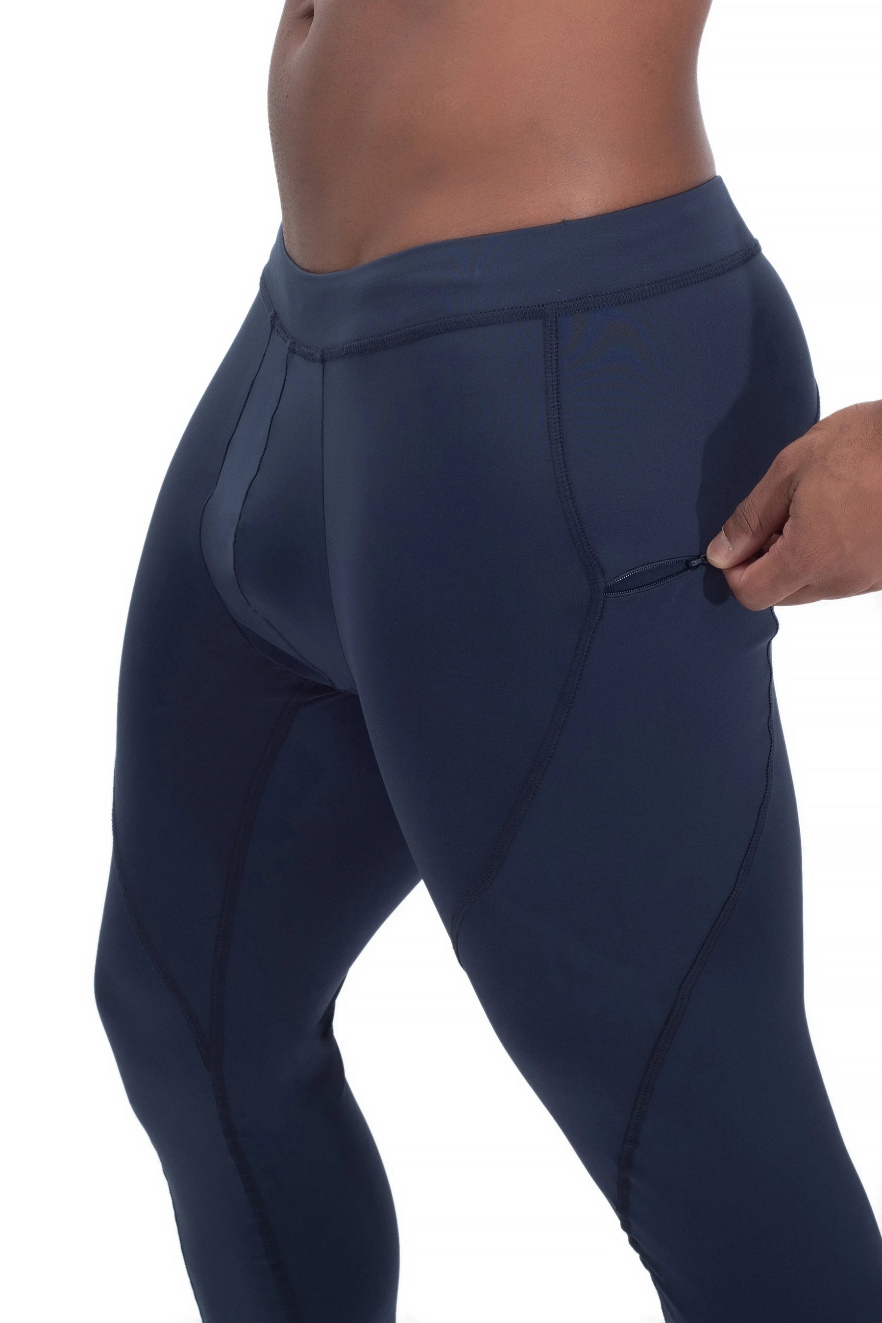 Gray men's athletic leggings featuring contrast black paneling and mid-rise waistband.