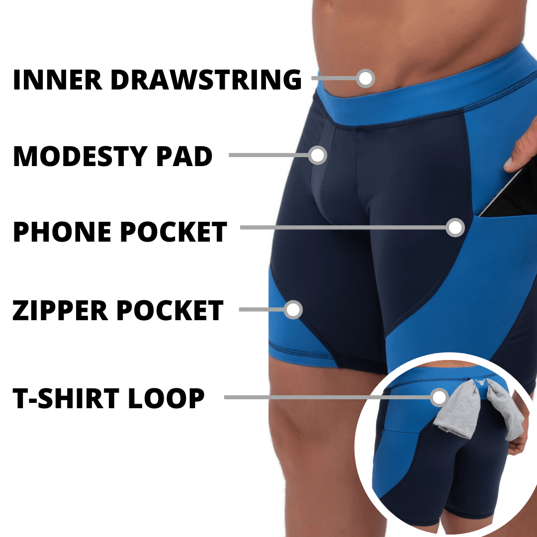 compression shorts for men with labeled features including inner drawstring, modesty pad, phone pocket, zipper pocket, and T-shirt loop