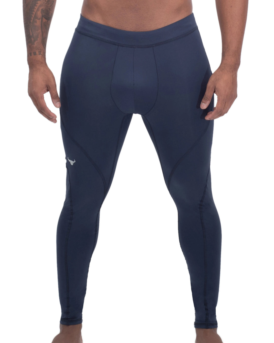 Men's running leggings in solid navy with a sleek, performance-focused fit, designed for breathability, muscle support, and full range of motion during workouts.
