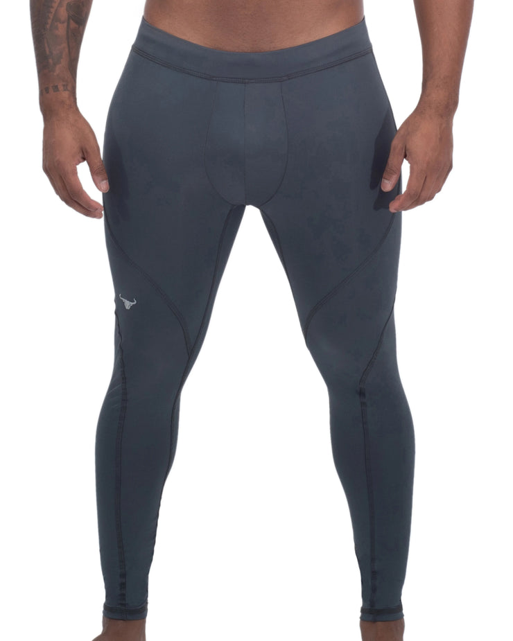Gray men's leggings with smooth finish and reinforced seams for high-performance training.