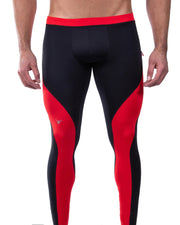Black and red leggings for men with bold color blocking and high-performance fit.