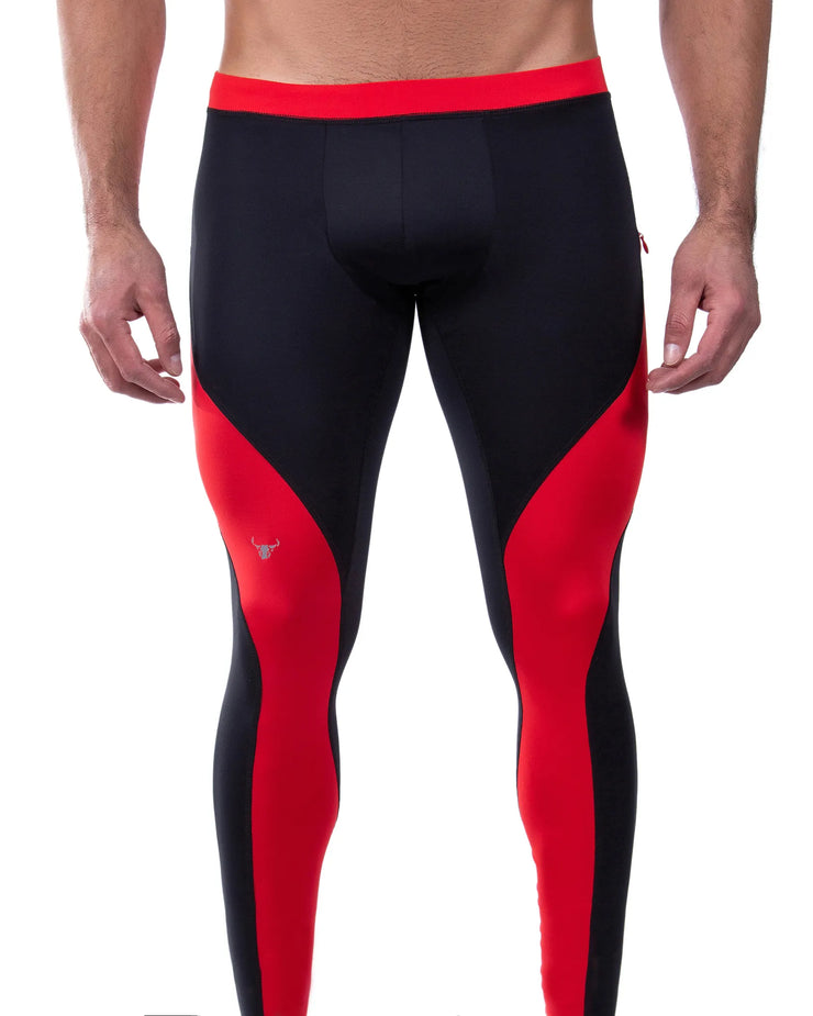 Black and red leggings for men with bold color blocking and high-performance fit.