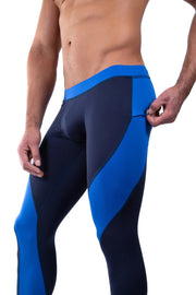 Men's blue workout leggings with bright blue side panels and secure zipper pocket.