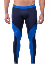 Gym leggings for men feature a sleek navy and royal blue panel design, engineered for high-performance comfort with moisture-wicking fabric and supportive compression.