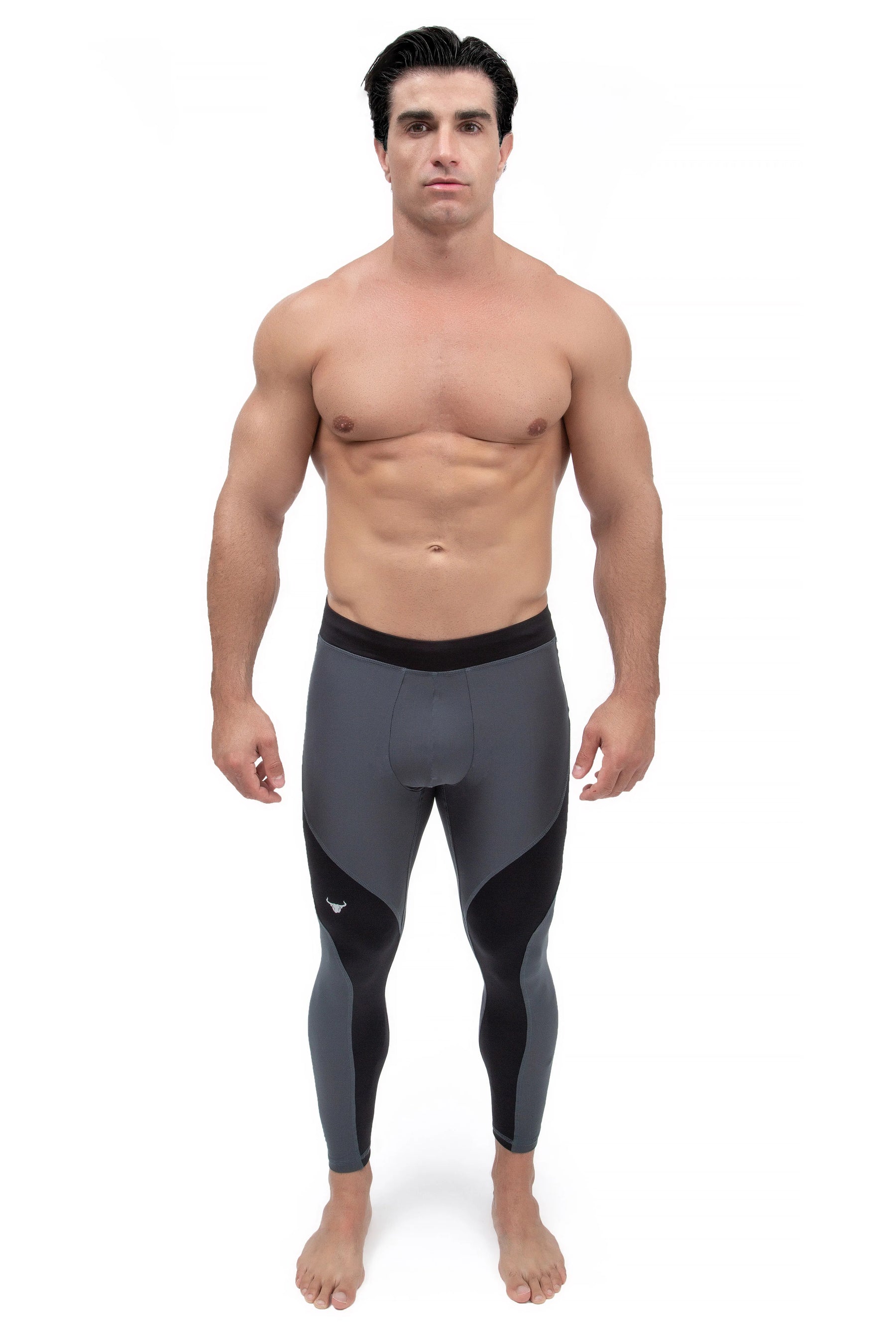 Gray men's leggings with black contour panels and supportive compression fit.
