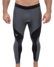 Male leggings in sleek charcoal and black panels deliver a minimalist aesthetic with maximum performance, ideal for training, running, or gym workouts.