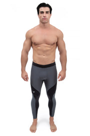 Gray men's leggings with black contour panels and supportive compression fit.