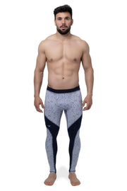 Men's gray leggings combine a modern static-inspired print with supportive dark navy panels for sleek contrast, perfect for activewear or casual comfort.