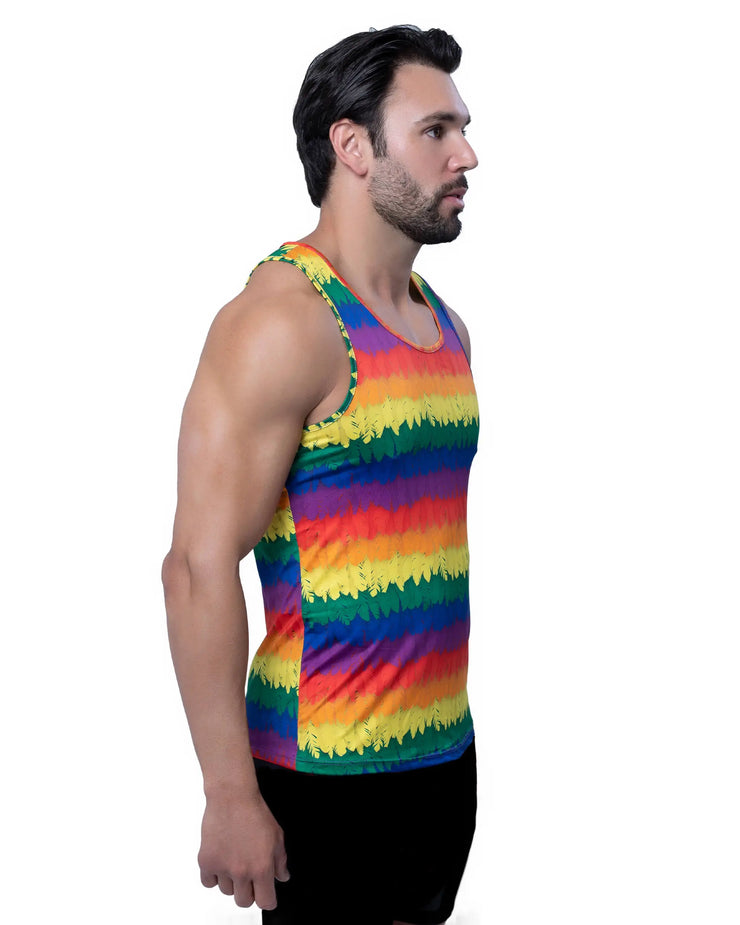 Workout tank top for men with rainbow horizontal stripes and feather-like texture pattern.