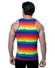 Tank top for men with horizontal rainbow stripes and feather-like pattern.