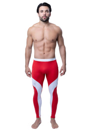 Men's yoga tights deliver a sleek, flexible fit with red-and-white color blocking—ideal for stretch, balance, and breath-focused workouts.