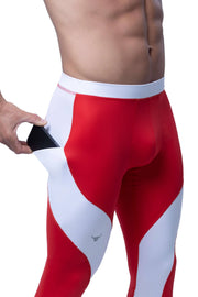 Mens leggings with phone pocket combine bold red-and-white contrast styling with convenient side storage, perfect for workouts or everyday wear.